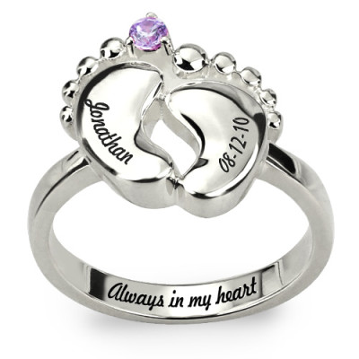 Engraved Baby Feet Ring with Birthstone Sterling Silver - The Name Jewellery™