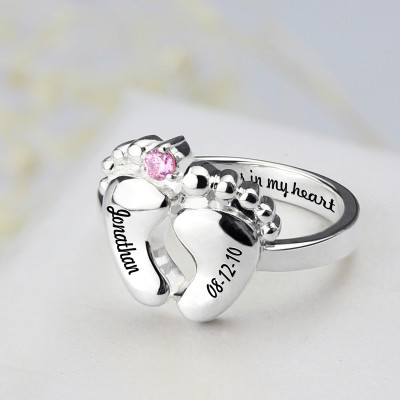 Engraved Baby Feet Ring with Birthstone Sterling Silver - The Name Jewellery™