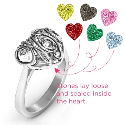 Cursive Mom Caged Hearts Ring with Ski Tip Band - The Name Jewellery™