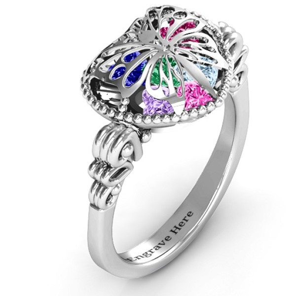 Butterfly Caged Hearts Ring with Butterfly Wings Band - The Name Jewellery™