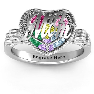 #1 Mom Caged Hearts Ring with Butterfly Wings Band - The Name Jewellery™