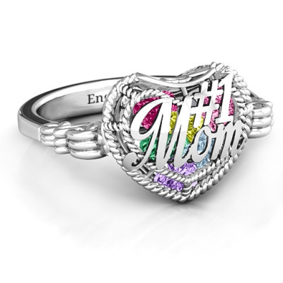 #1 Mom Caged Hearts Ring with Butterfly Wings Band - The Name Jewellery™