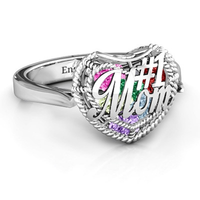 #1 Mom Caged Hearts Ring with Ski Tip Band - The Name Jewellery™