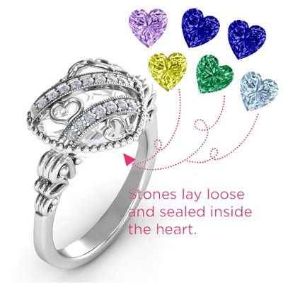 Sparkling Diamond Hearts Caged Hearts Ring with Butterfly Wings Band - The Name Jewellery™