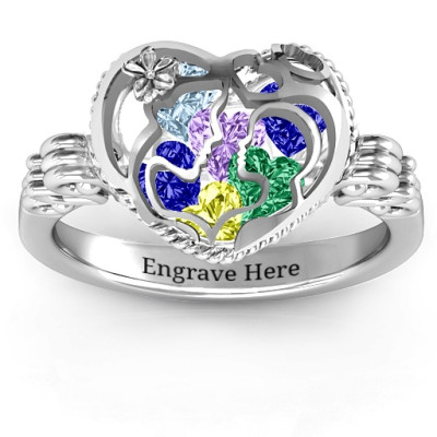 Mother and Child Caged Hearts Ring with Butterfly Wings Band - The Name Jewellery™