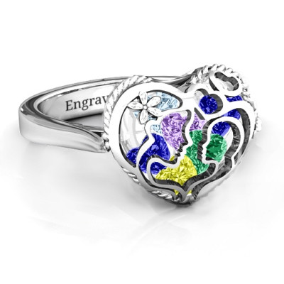 Mother and Child Caged Hearts Ring with Ski Tip Band - The Name Jewellery™
