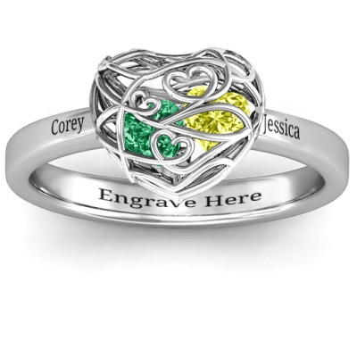 Encased in Love Petite Caged Hearts Ring with Classic with Engravings Band - The Name Jewellery™
