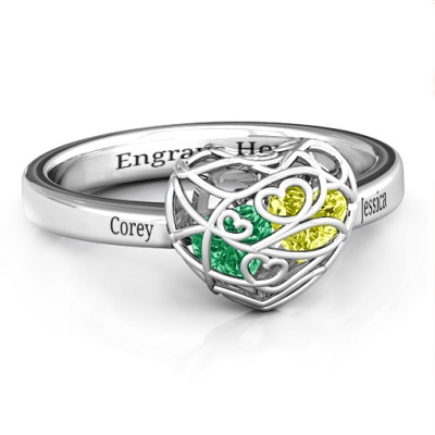 Encased in Love Petite Caged Hearts Ring with Classic with Engravings Band - The Name Jewellery™