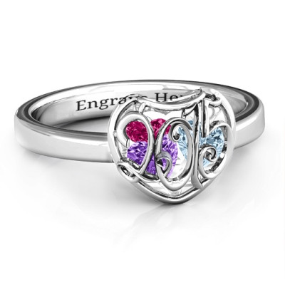 2015 Petite Caged Hearts Ring with Classic with Engravings Band - The Name Jewellery™