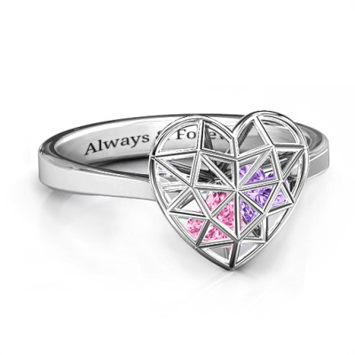 Diamond Heart Cage Ring With Encased Heart Stones - The Name Jewellery™