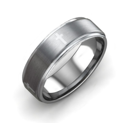 Men's Cross and Brushed Centre Tungsten Ring - The Name Jewellery™