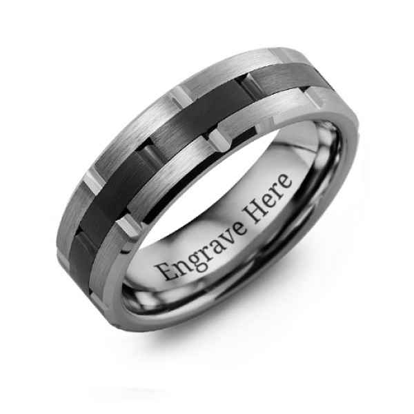 Men's Tungsten & Ceramic Grooved Brushed Ring - The Name Jewellery™
