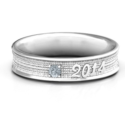 Sterling Silver 2014 Unisex Textured Graduation Ring with Emerald Stone - The Name Jewellery™