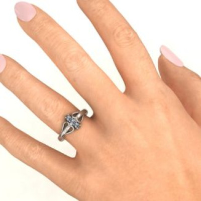 Sterling Silver Double Heart Three Stone Ring - The Name Jewellery™