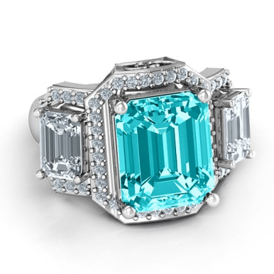 Sterling Silver Emerald Cut Trinity Ring with Triple Halo - The Name Jewellery™
