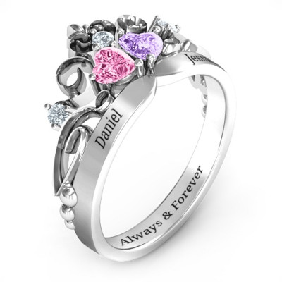 Sterling Silver Royal Romance Double Heart Tiara Ring with Engravings - The Name Jewellery™