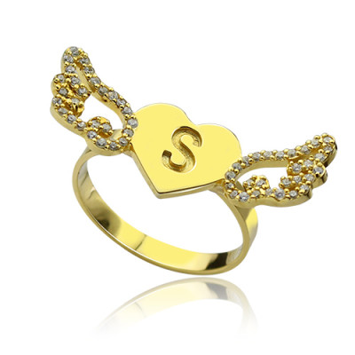 Angel Wings Heart Ring with Birthstone  Initial 18ct Gold Plated - The Name Jewellery™