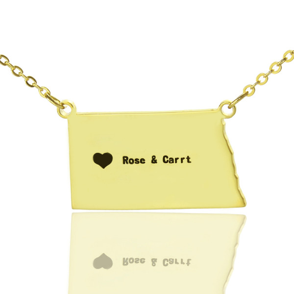 Personalised ND State USA Map Necklace With Heart  Name Gold Plated - The Name Jewellery™