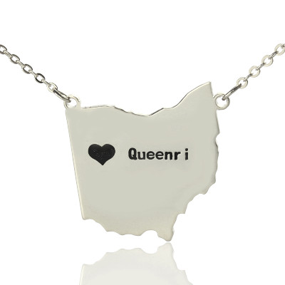 Custom Ohio State USA Map Necklace With Heart  Name Silver - The Name Jewellery™