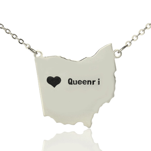 Custom Ohio State USA Map Necklace With Heart  Name Silver - The Name Jewellery™