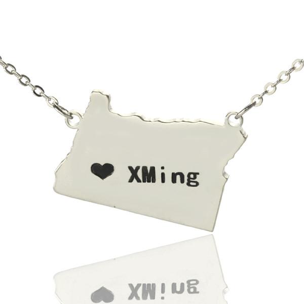 Custom Oregon State USA Map Necklace With Heart  Name Silver - The Name Jewellery™