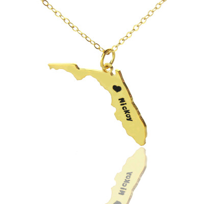 Custom Florida State USA Map Necklace With Heart  Name Gold Plated - The Name Jewellery™