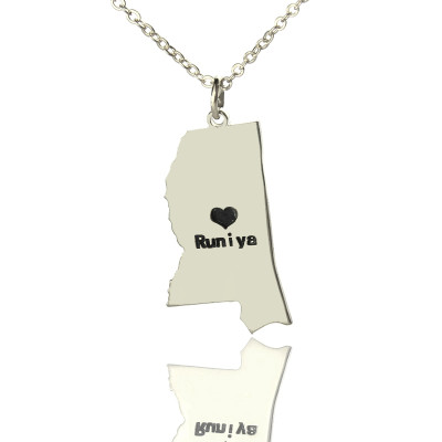 Mississippi State Shaped Necklaces With Heart  Name Silver - The Name Jewellery™