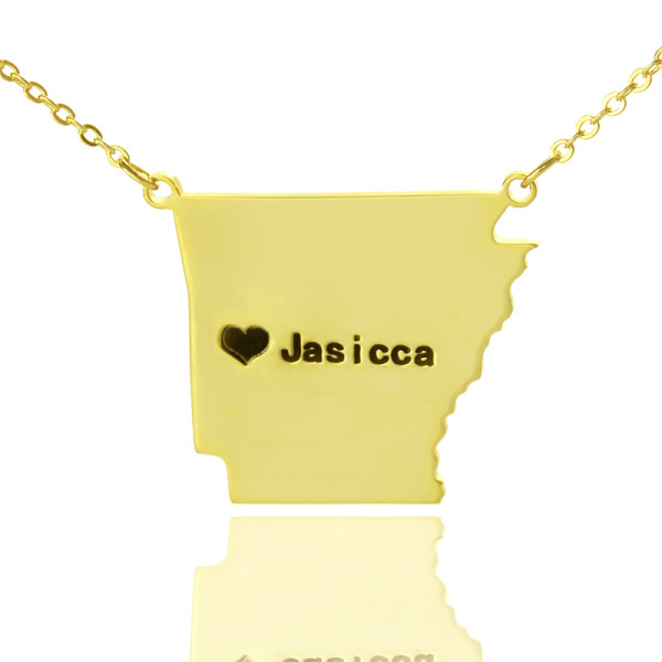 Custom AR State USA Map Necklace With Heart  Name Gold Plated - The Name Jewellery™