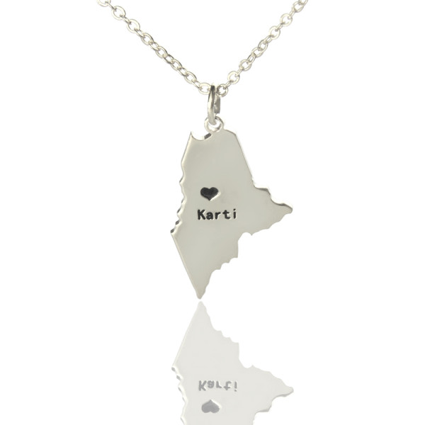 Custom Maine State Shaped Necklaces With Heart  Name Silver - The Name Jewellery™