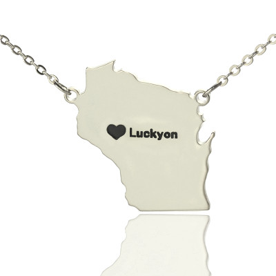 Custom Wisconsin State Shaped Necklaces With Heart  Name Silver - The Name Jewellery™