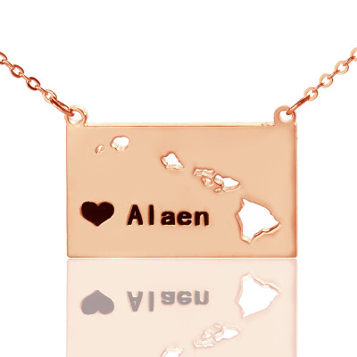 Custom Hawaii State Shaped Necklaces With Heart  Name Rose Gold - The Name Jewellery™