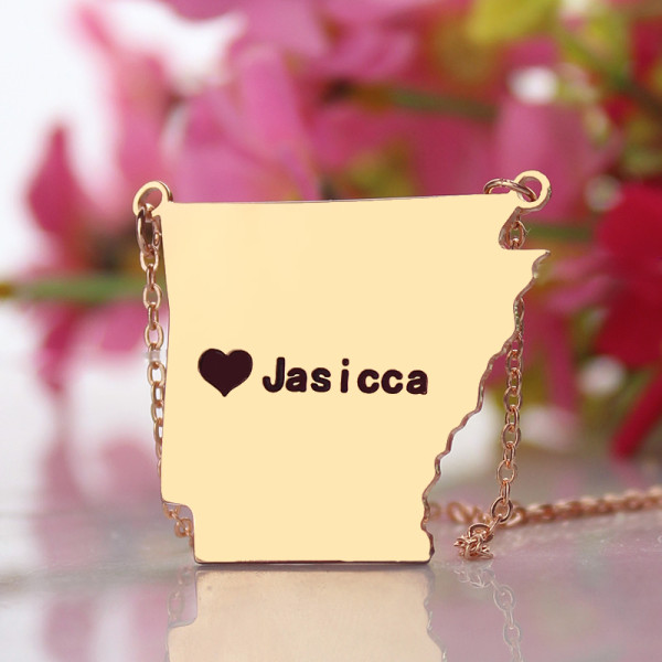 Custom AR State USA Map Necklace With Heart  Name Rose Gold - The Name Jewellery™
