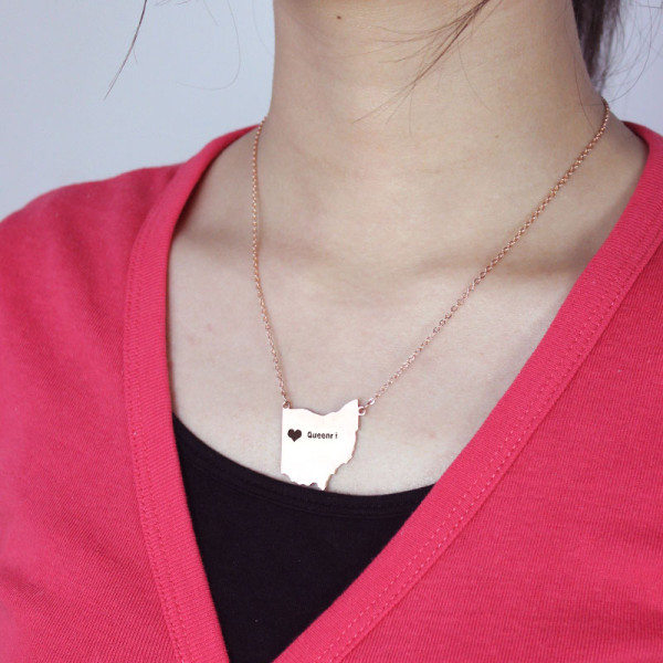 Custom Ohio State USA Map Necklace With Heart  Name Rose Gold - The Name Jewellery™