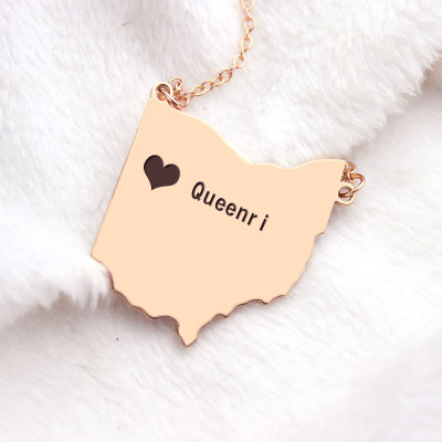 Custom Ohio State USA Map Necklace With Heart  Name Rose Gold - The Name Jewellery™