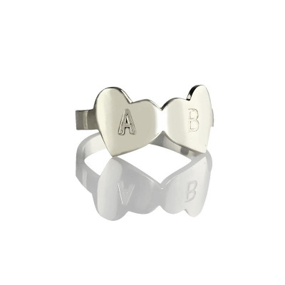 Double Heart Ring Engraved Letter Sterling Silver - The Name Jewellery™