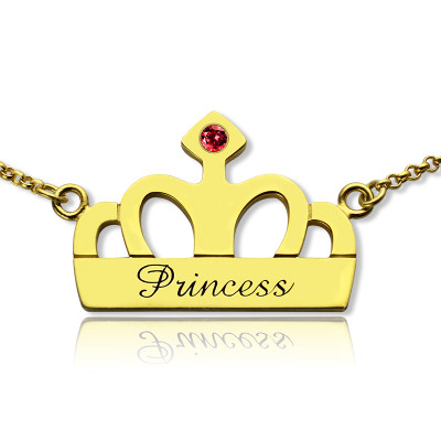 Princess Crown Charm Necklace with Birthstone  Name 18ct Gold Plated - The Name Jewellery™