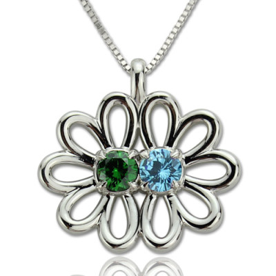 Personalised Double Flower Pendant with Birthstone Sterling Silver - The Name Jewellery™