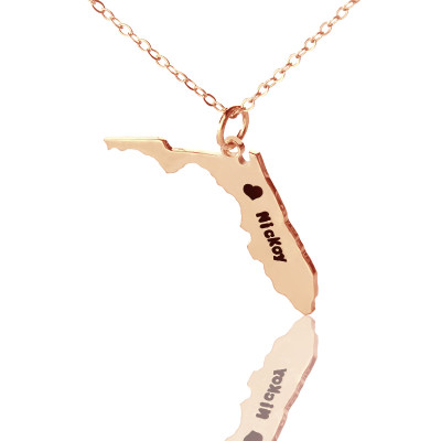 Custom Florida State USA Map Necklace With Heart  Name Rose Gold - The Name Jewellery™
