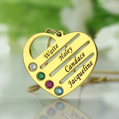 18ct Gold Plated Mothers Birthstone Heart Necklace Engraved Names - The Name Jewellery™