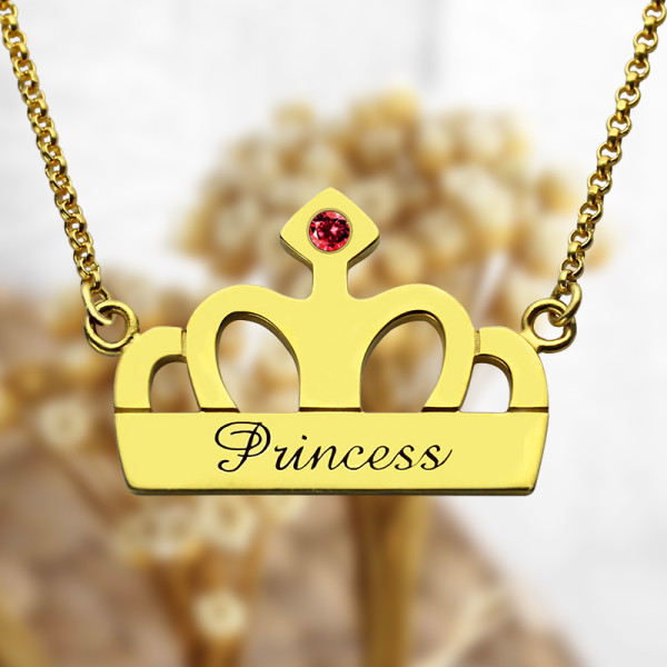 Princess Crown Charm Necklace with Birthstone  Name 18ct Gold Plated - The Name Jewellery™