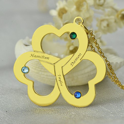 Birthstone Triple Heart Necklace Engraved Name in 18ct Gold Plated - The Name Jewellery™