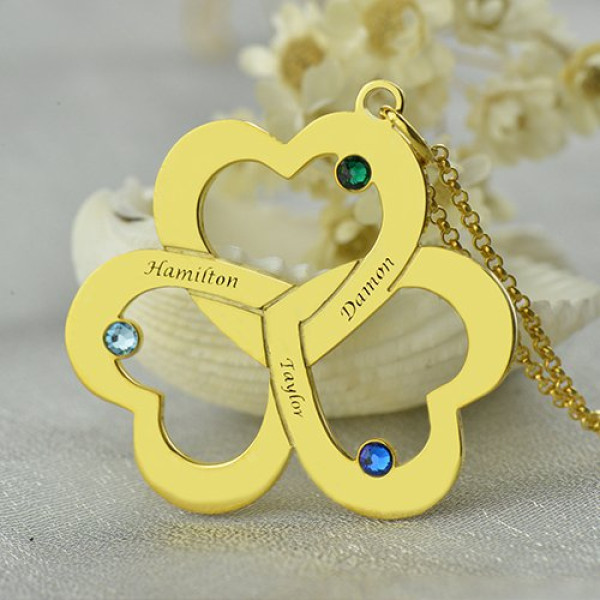 Birthstone Triple Heart Necklace Engraved Name in 18ct Gold Plated - The Name Jewellery™