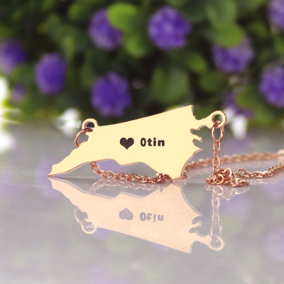 Personalised NC State USA Map Necklace With Heart  Name Rose Gold - The Name Jewellery™