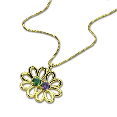 Personalised Double Flower Pendant with Birthstone 18ct Gold Plated Silver - The Name Jewellery™