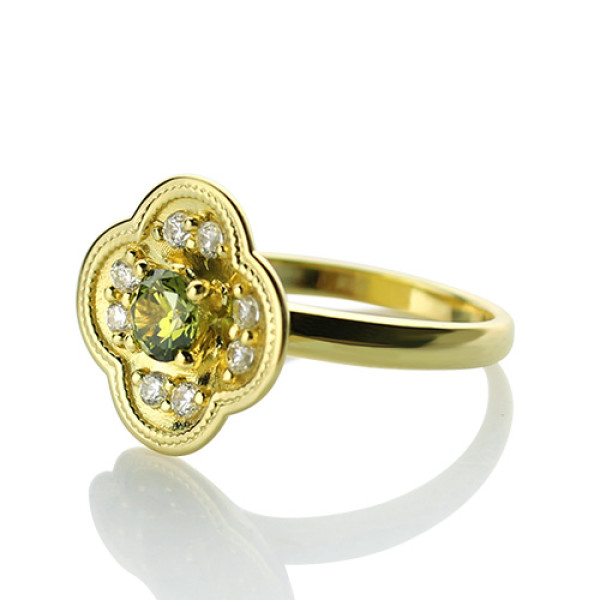 Blossoming Engagement Ring Engraved Birthstone 18ct Gold Plated - The Name Jewellery™