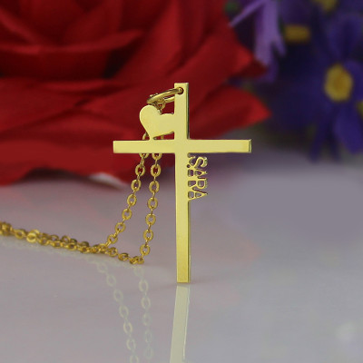 Personalised 18ct Gold Plated Silver Cross Name Necklace with Heart - The Name Jewellery™