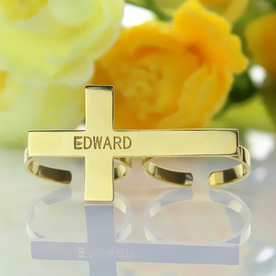 Engraved Name Two finger Cross Ring 18ct Gold Plated - The Name Jewellery™