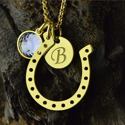 Birthstone Horseshoe Lucky Necklace with Initial Charm 18ct Gold Plate - The Name Jewellery™