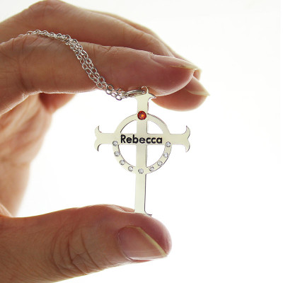 Personalised Circle Cross Necklaces with Birthstone  Name Silver - The Name Jewellery™