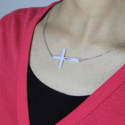 Engraved Silver Latin Cross Name Necklace 1.6" - The Name Jewellery™